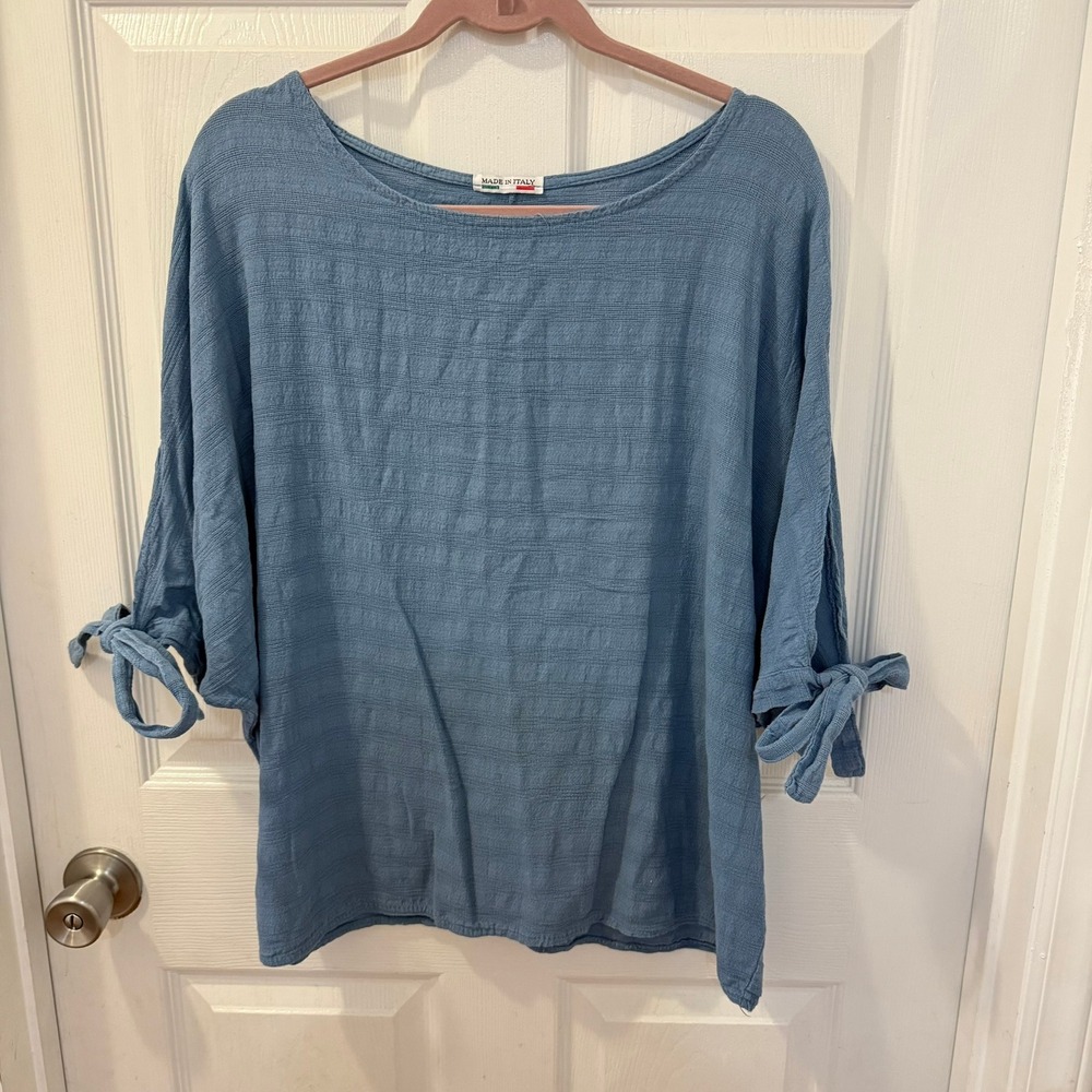 Made in Italy Women's XL 100% Cotton Textured Blue Tie Sleeve Shirt Blouse Top